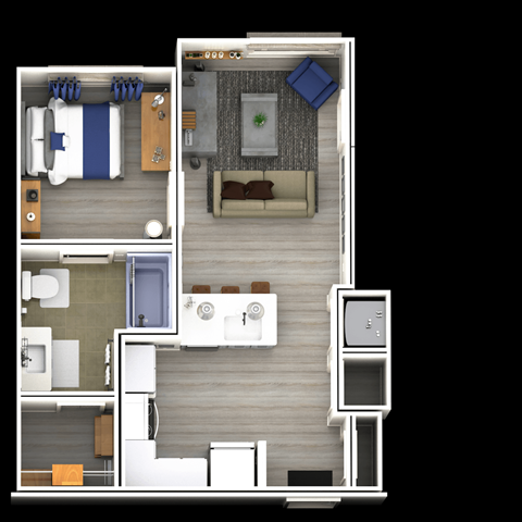 A 3D floor plan of a small apartment with a bedroom, living room, and bathroom.